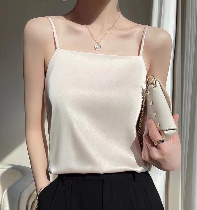 White Camisole for Women, Suitable for Wearing under a Blazer, 2024 Summer New Versatile Base Shirt, Off-Shoulder Satin Top