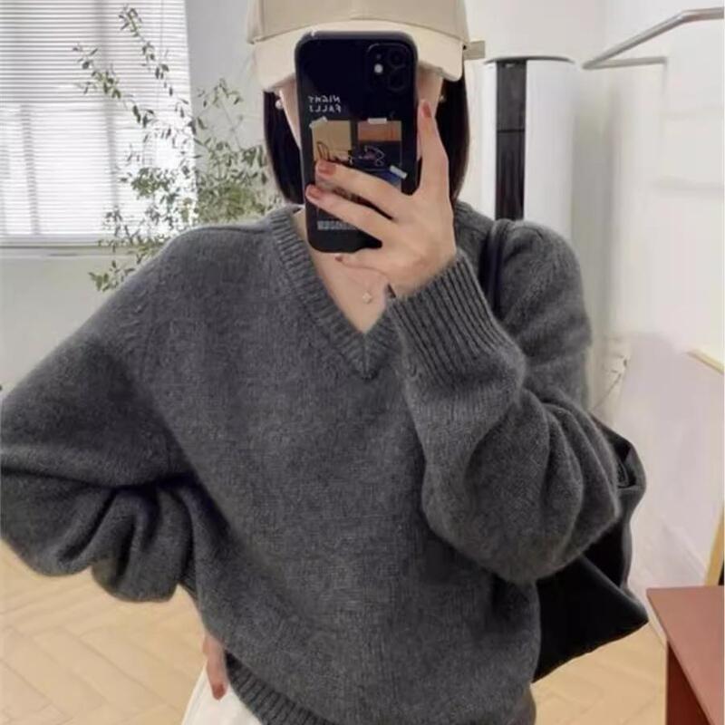 Big New Release! V-Neck Saddle Shoulder Sleeve 100% Wool Sweater for Women, Loose Casual Long-Sleeve Knitwear, Thick Sweater Top