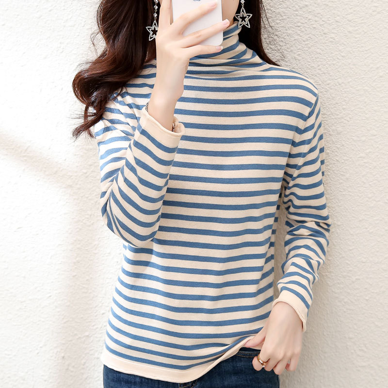 100% Pure Cotton Turtleneck Sweater for Women, Autumn and Winter Striped Stacked Collar Top, Loose Thickened Knitted Base Shirt for Women