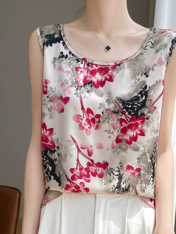 Summer Mulberry Silk Printed Wide-Shoulder Camisole for Women, Silk Acetate Satin Suit Inner Layer, Sexy Base Layer Summer Mulberry Silk Printed Wide-Shoulder Camisole for Women, Silk Acetate Satin Suit Inner Layer, Sexy Base Layer