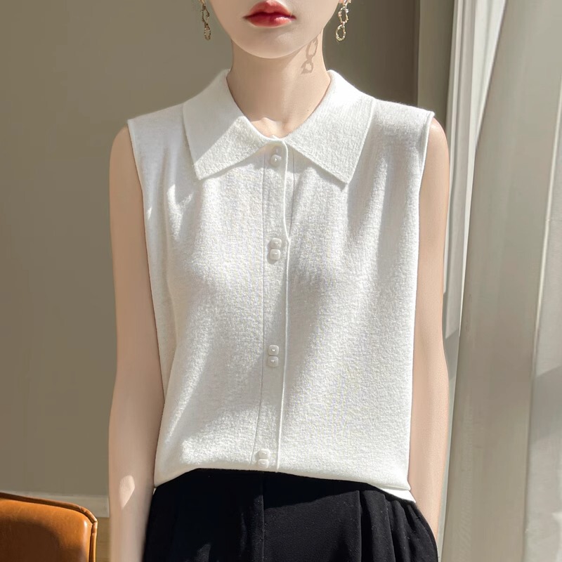 Layered Shirt Collar Sleeveless Wool Vest Women's Blazer Cardigan Inner Layer Turn-Down Collar Knit Sleeveless Base Shirt Top Summer