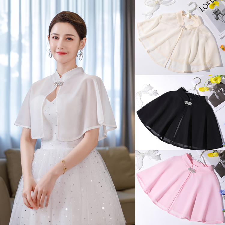 Summer Vintage Chiffon Shawl Cape Thin Women's Wedding Dress Cheongsam White Black Red Short Versatile Sun Protection