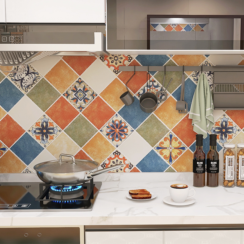 American-Style Kitchen Oil-Proof Stickers, Imitation Tile Wall Waterproof Self-Adhesive Wall Stickers, Bathroom Wall Tile Decorative Stickers