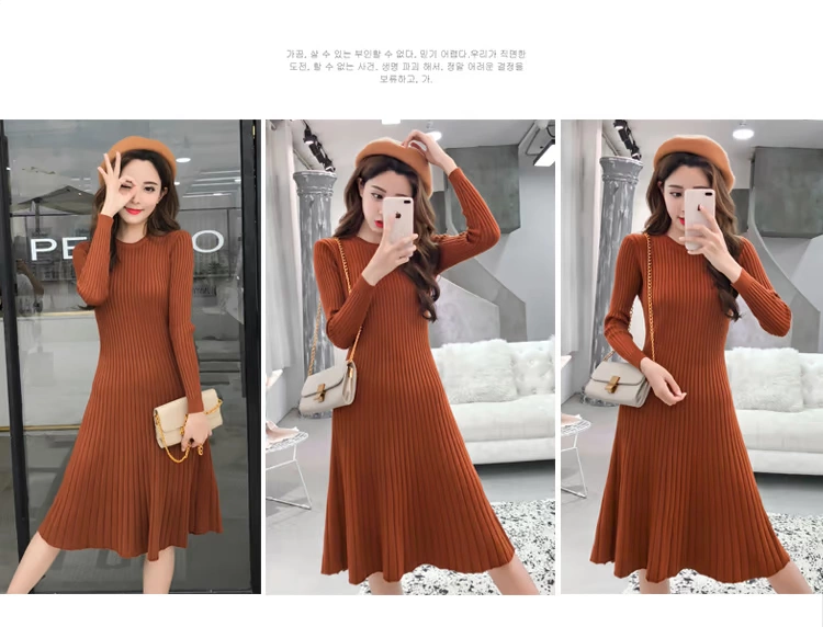 Dài tay đan váy nữ Hàn Quốc phiên bản 2018 new slim slimming một từ mùa thu và mùa đông áo len bên trong dưới váy