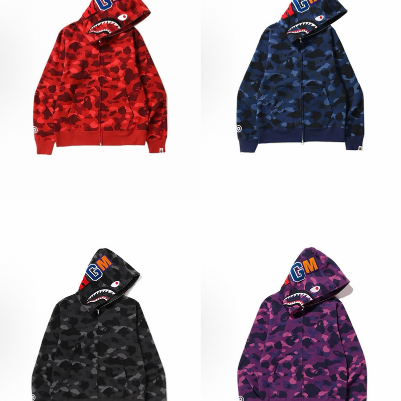 Bape Blue, Purple, Black, and Red Camouflage Shark Letter Print Zip-Up Hooded Sweatshirt, Unisex