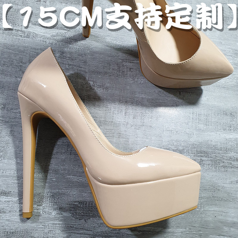 15cm Waterproof Platform Nude Leather Black Pointed Toe Stiletto Etiquette Cheongsam Catwalk Ultra-High Heels Socialite Wedding Shoes for Women