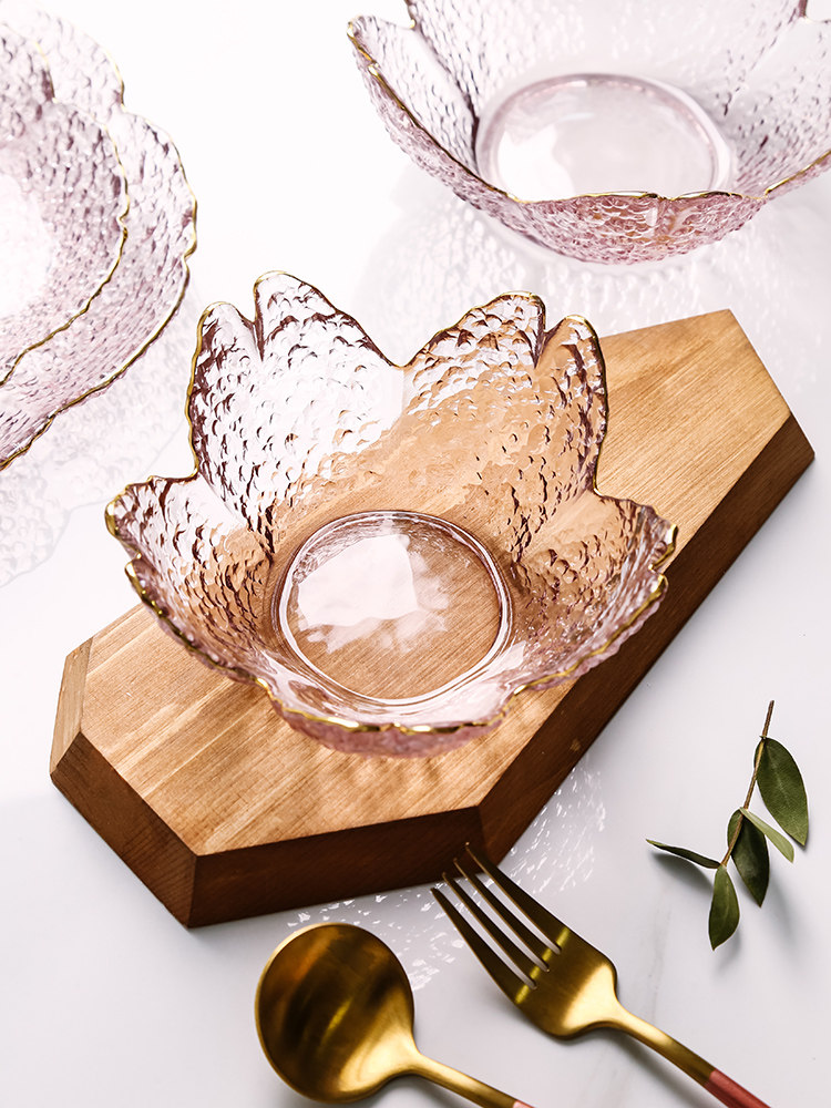 Japanese hammer glass cherry blossom pink purple salad bowl with gold edge plate plate dish cold plate fruit bowl