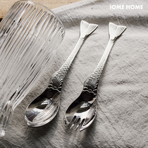Fan-style retro light lavish mermaid relief 18-10 stainless steel soup spoon fork integrated son original single big plate bull stock
