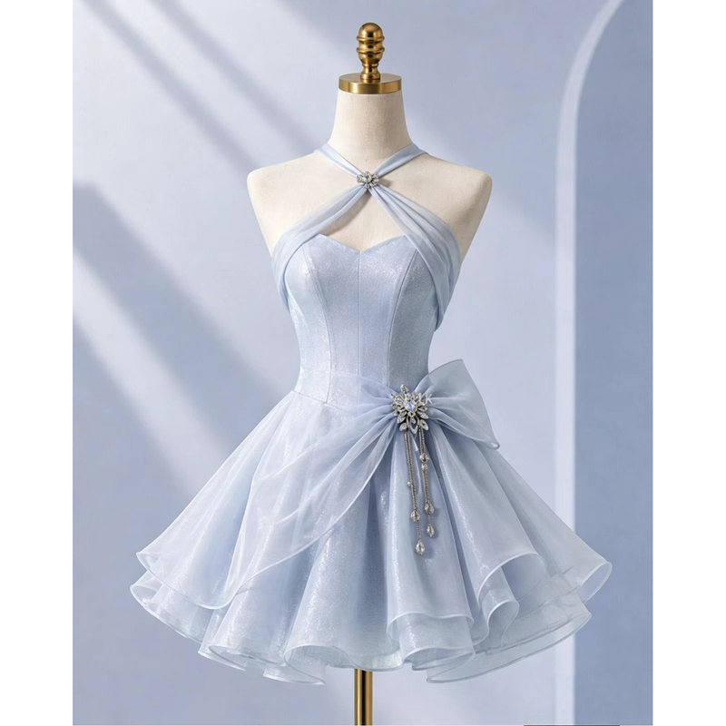 Blue Halter Neck Evening Dress 2026 New Style Short Princess Dress for Petite Individuals, Birthday, Coming-Of-Age Ceremony, Host Dress