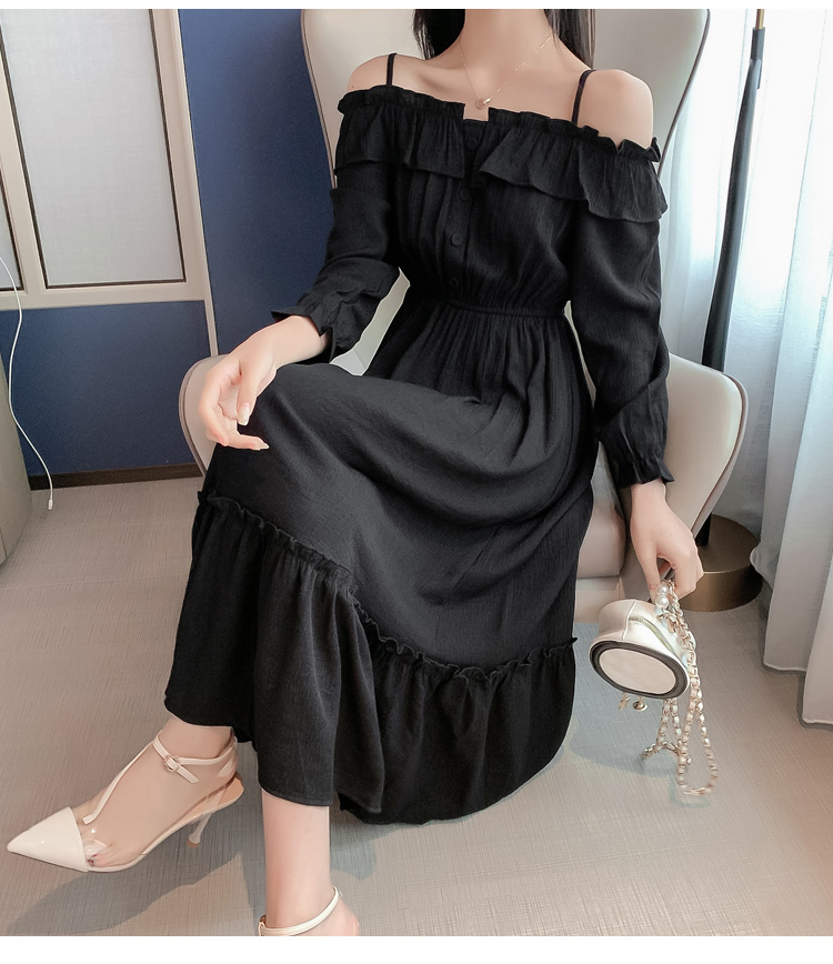 VK旗艦店 韓系超仙細肩帶一字領收腰長版顯瘦長袖洋裝