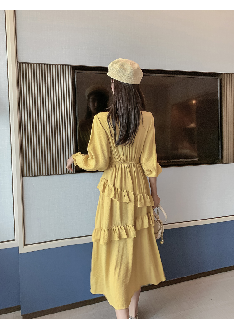 VK旗艦店 韓國風超仙收腰顯瘦荷葉邊蛋糕長版長袖洋裝