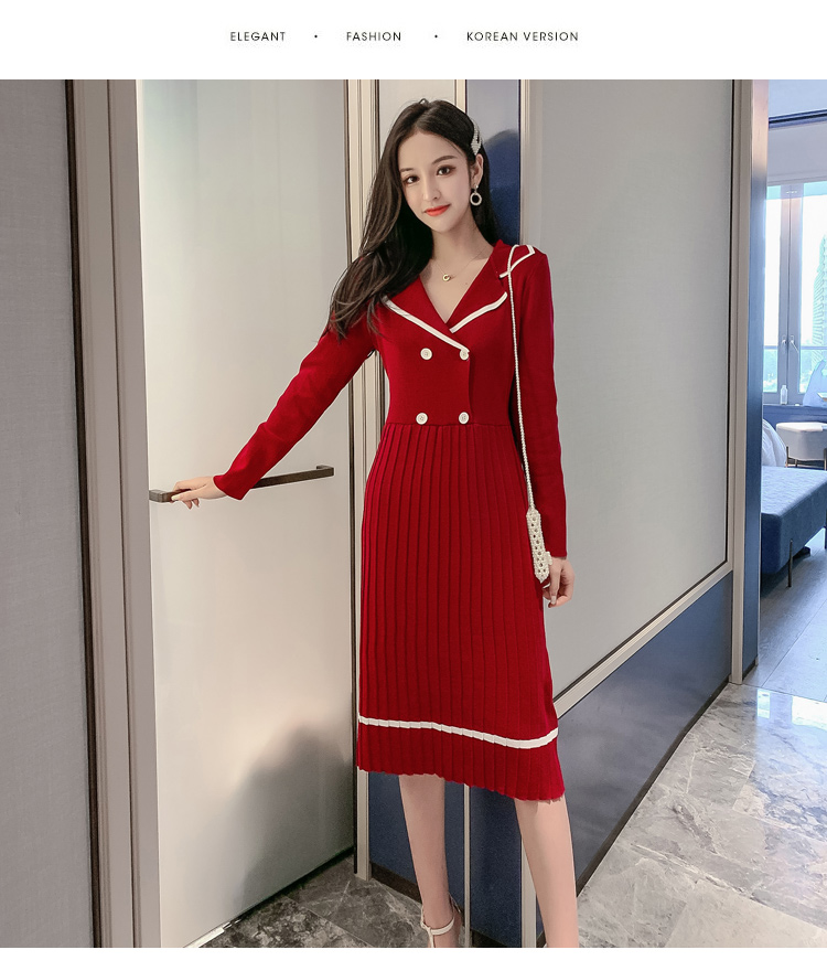 VK旗艦店 韓系西裝領收腰小香風百褶針織長袖洋裝