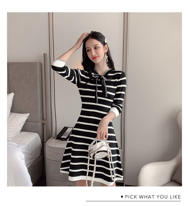 VK旗艦店 韓國小香風收腰顯瘦條紋針織長袖洋裝