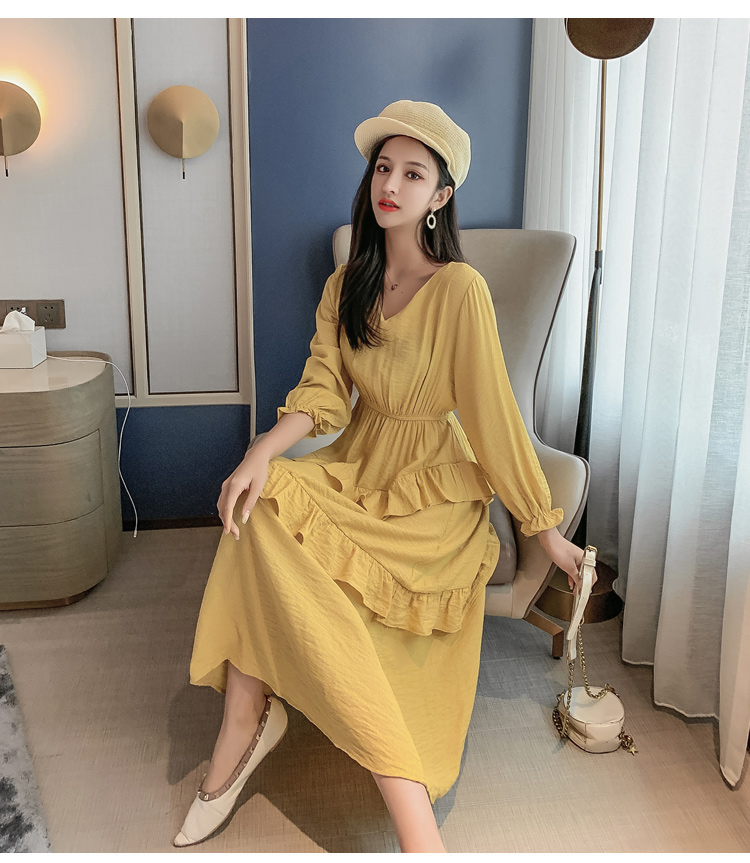 VK旗艦店 韓國風超仙收腰顯瘦荷葉邊蛋糕長版長袖洋裝