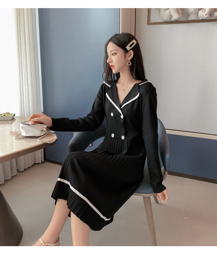 VK旗艦店 韓系西裝領收腰小香風百褶針織長袖洋裝