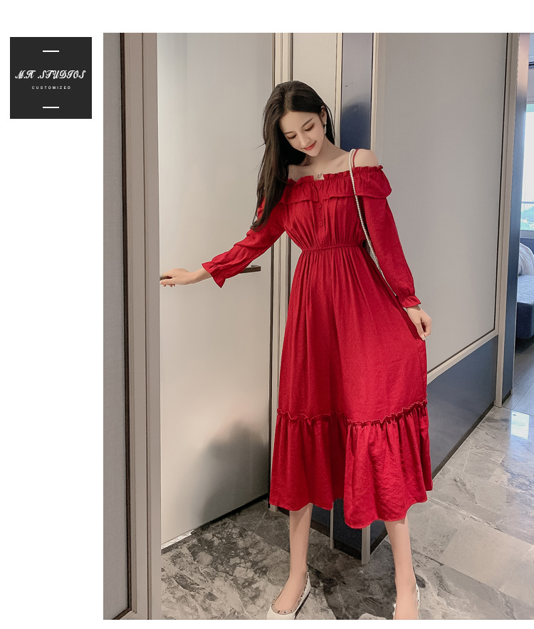 VK旗艦店 韓系超仙細肩帶一字領收腰長版顯瘦長袖洋裝