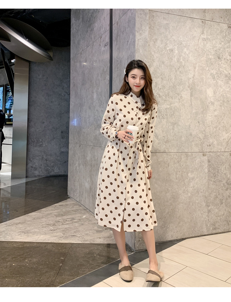 VK旗艦店 韓國風時尚波點顯瘦雪紡長袖洋裝