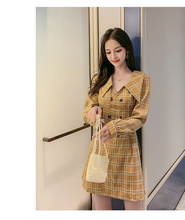 VK旗艦店 韓系西裝V領雙排扣收腰格子西裝短版長袖洋裝