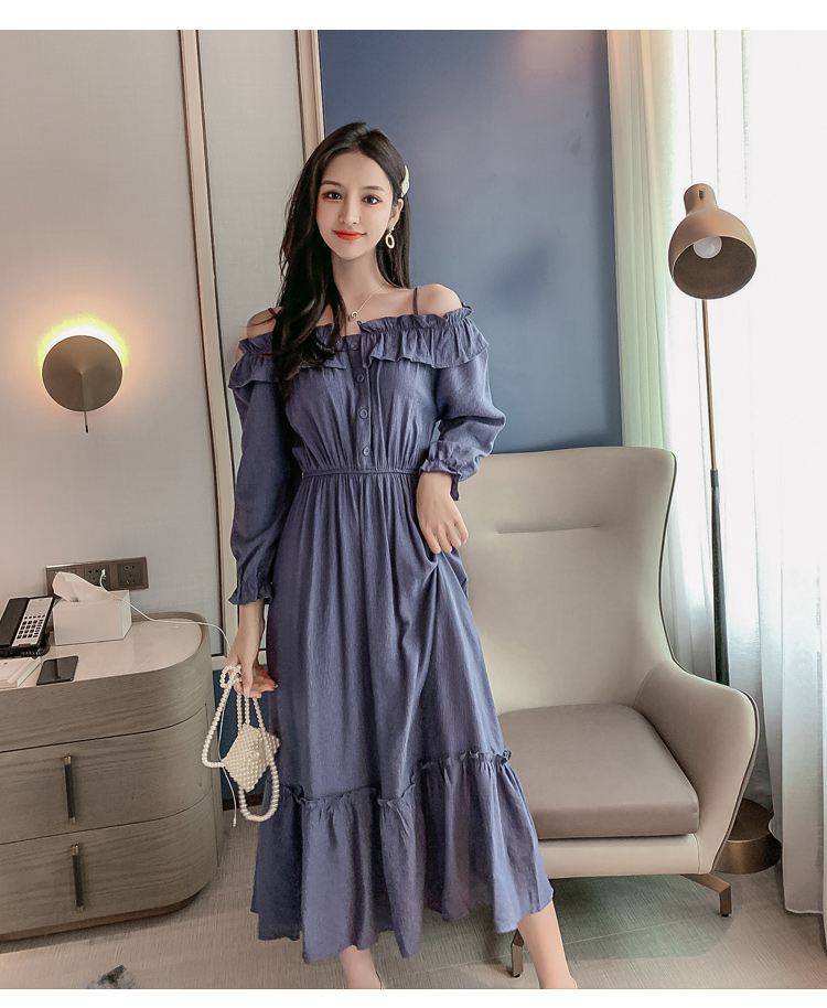 VK旗艦店 韓系超仙細肩帶一字領收腰長版顯瘦長袖洋裝