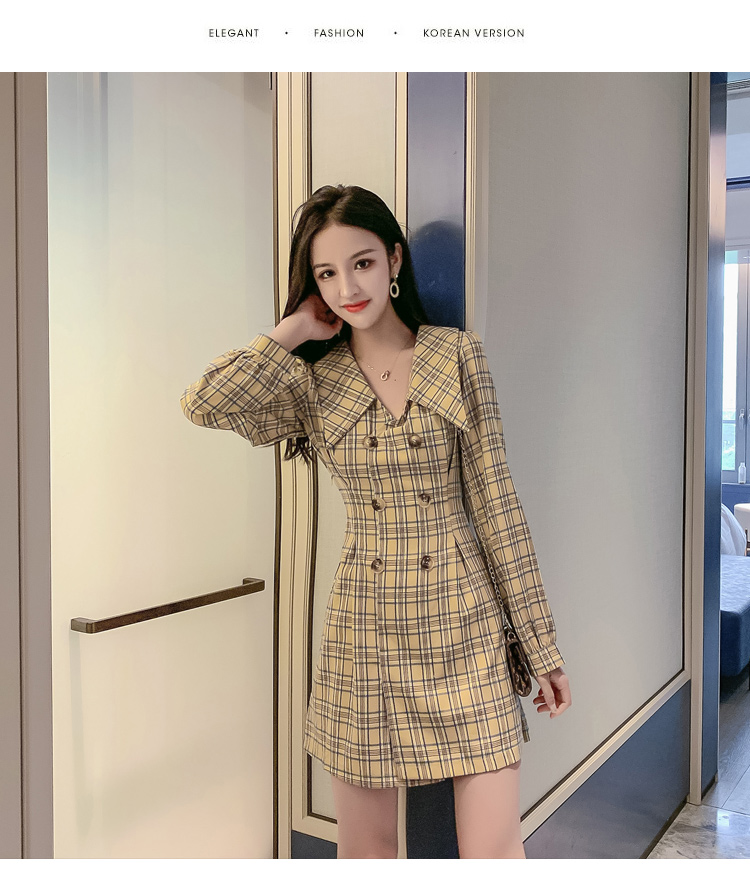 VK旗艦店 韓系西裝V領雙排扣收腰格子西裝短版長袖洋裝
