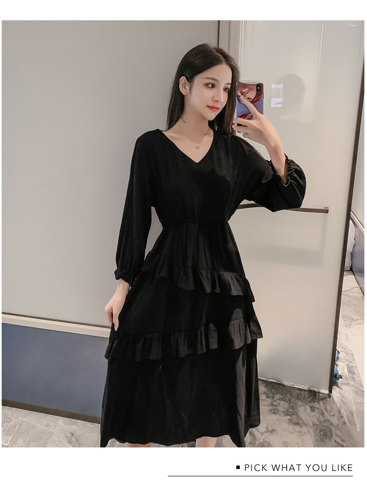 VK旗艦店 韓國風超仙收腰顯瘦荷葉邊蛋糕長版長袖洋裝