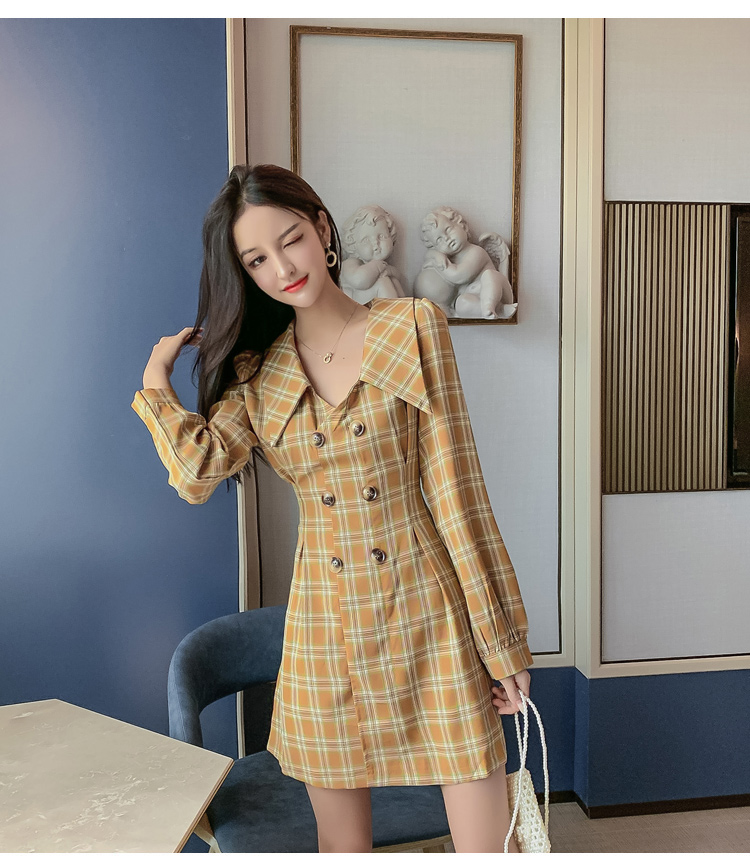 VK旗艦店 韓系西裝V領雙排扣收腰格子西裝短版長袖洋裝