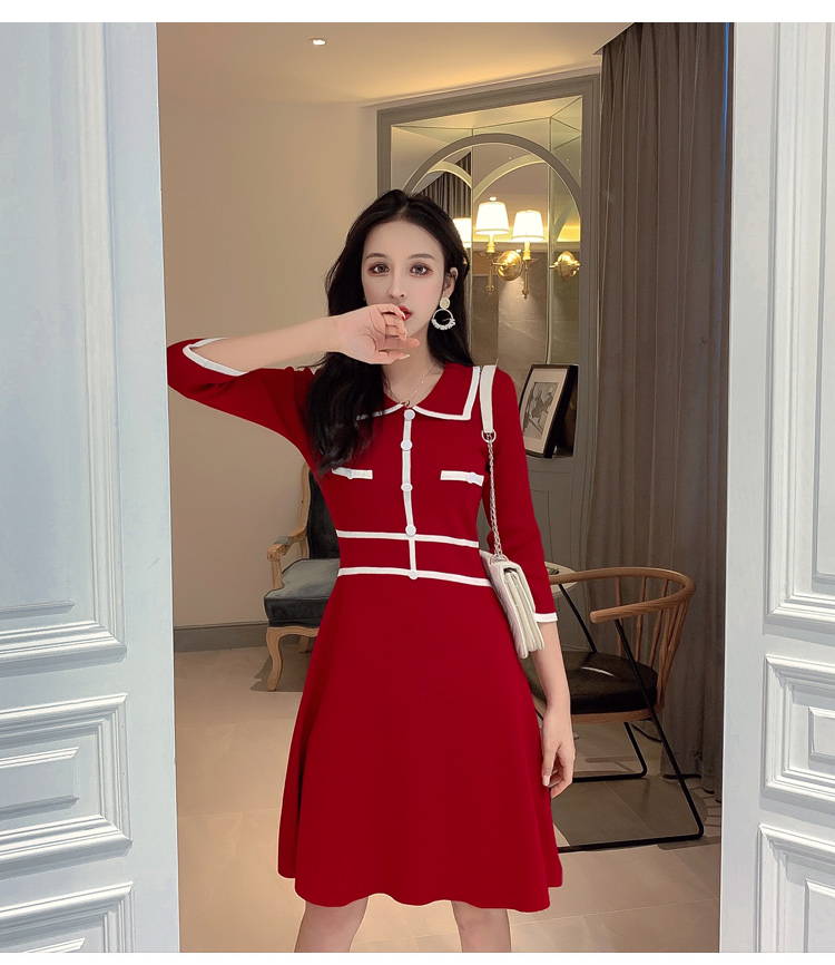 VK旗艦店 韓國復古小香風收腰針織七分長袖洋裝