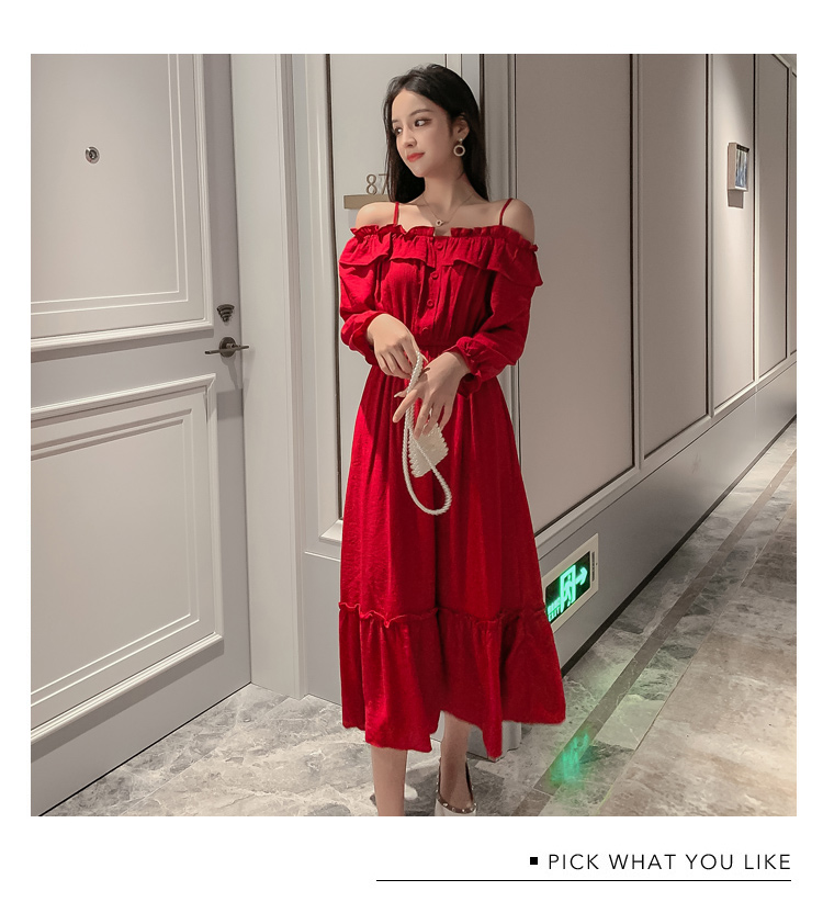 VK旗艦店 韓系超仙細肩帶一字領收腰長版顯瘦長袖洋裝