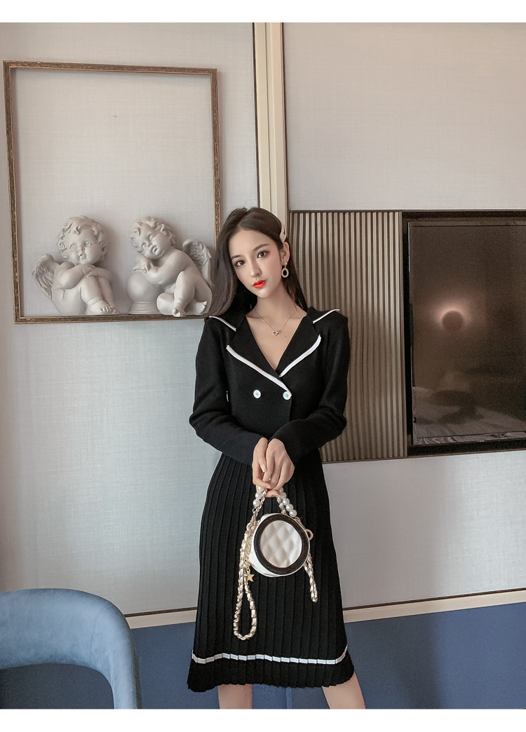 VK旗艦店 韓系西裝領收腰小香風百褶針織長袖洋裝