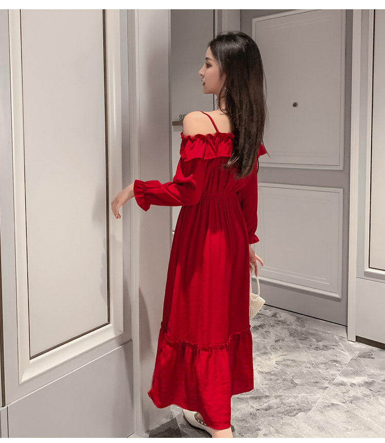 VK旗艦店 韓系超仙細肩帶一字領收腰長版顯瘦長袖洋裝