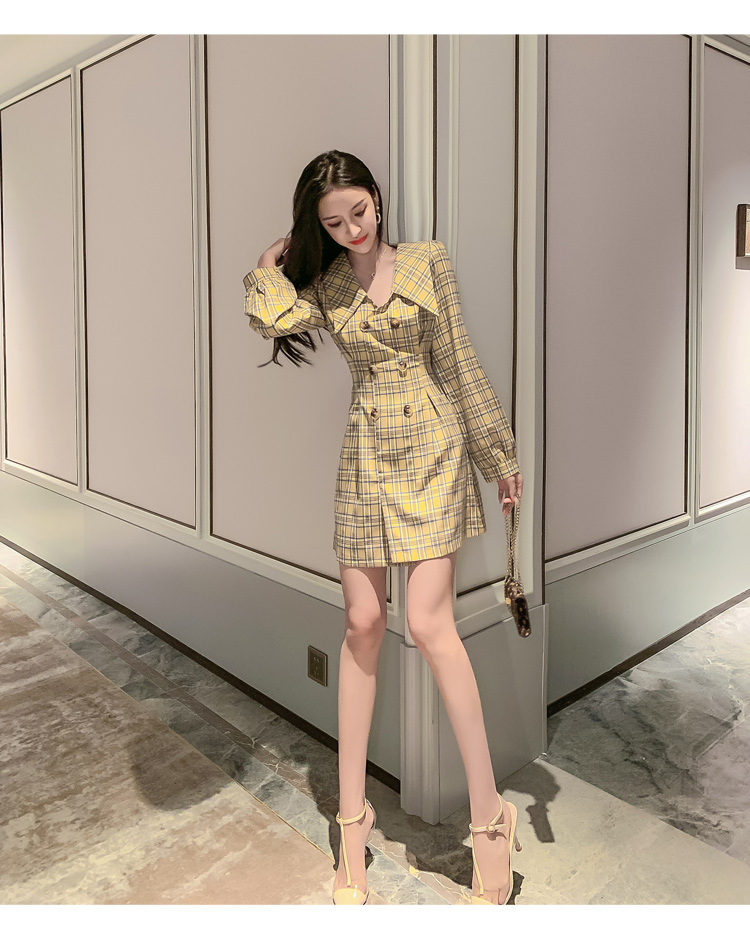 VK旗艦店 韓系西裝V領雙排扣收腰格子西裝短版長袖洋裝