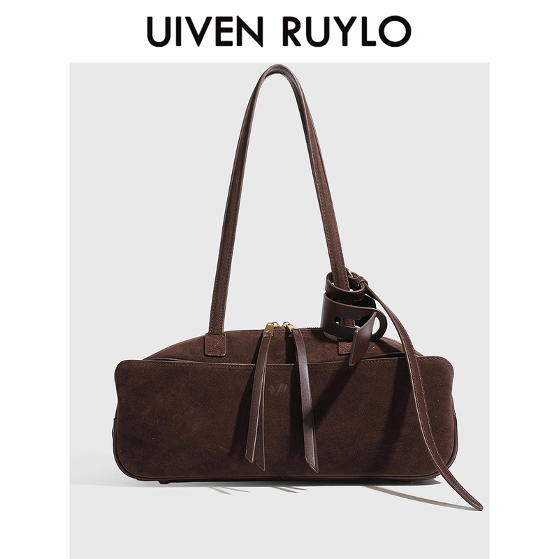 Uiven Ruylo Frosted Leather Bowling Bag Women's Genuine Leather Shoulder Underarm Bag Boston Bag Commuter Bag