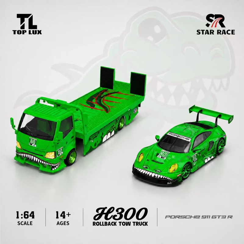 Tl&Sr1/64 Floor-Standing Flatbed Trailer Porsche 911 Green Dinosaur Tyrannosaurus Set Alloy Car Model Ornament