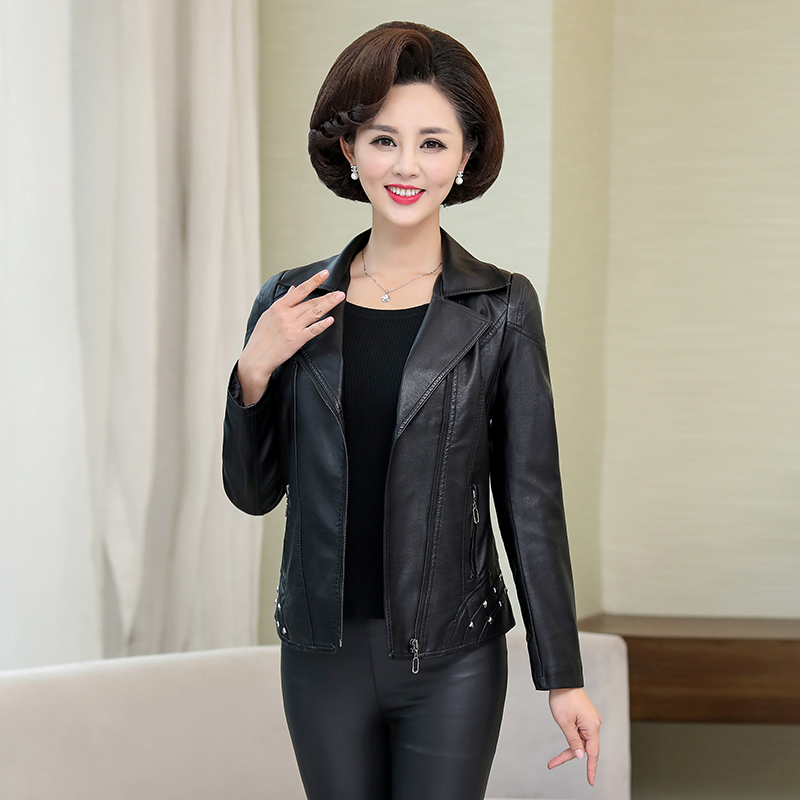 Mẹ Xuân Thu Coat Pu Da của phụ nữ ngắn áo khoác 40-50 Trung niên áo khoác da cho phụ nữ Máy Zipper nữ