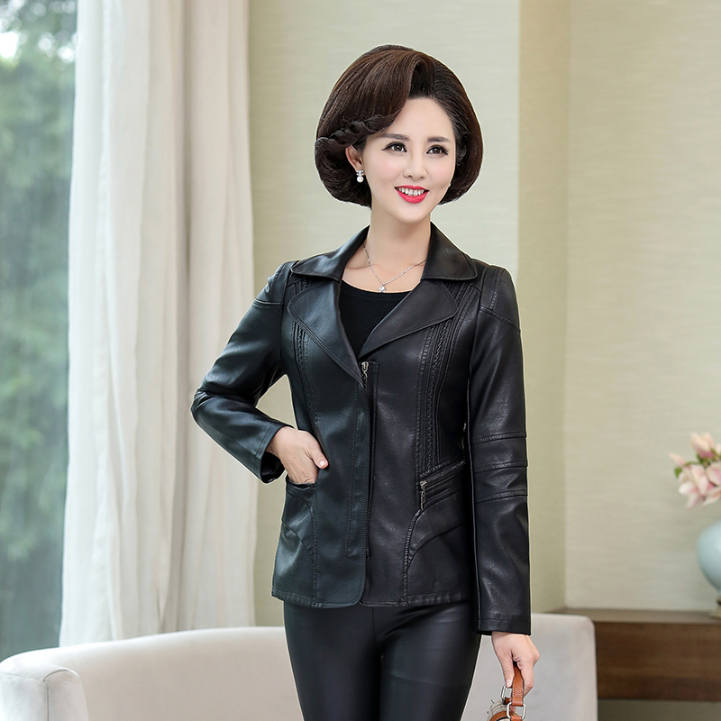 Mẹ Xuân Thu Coat Pu Da của phụ nữ ngắn áo khoác 40-50 Trung niên áo khoác da cho phụ nữ Máy Zipper nữ