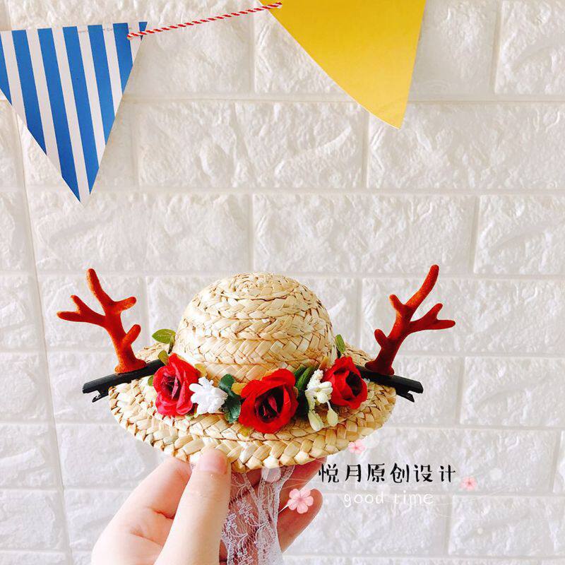 Christmas Antlers Pet Hat Cute Flowers Straw Hat Pet Headwear Pet Cat Dog Birthday Gift