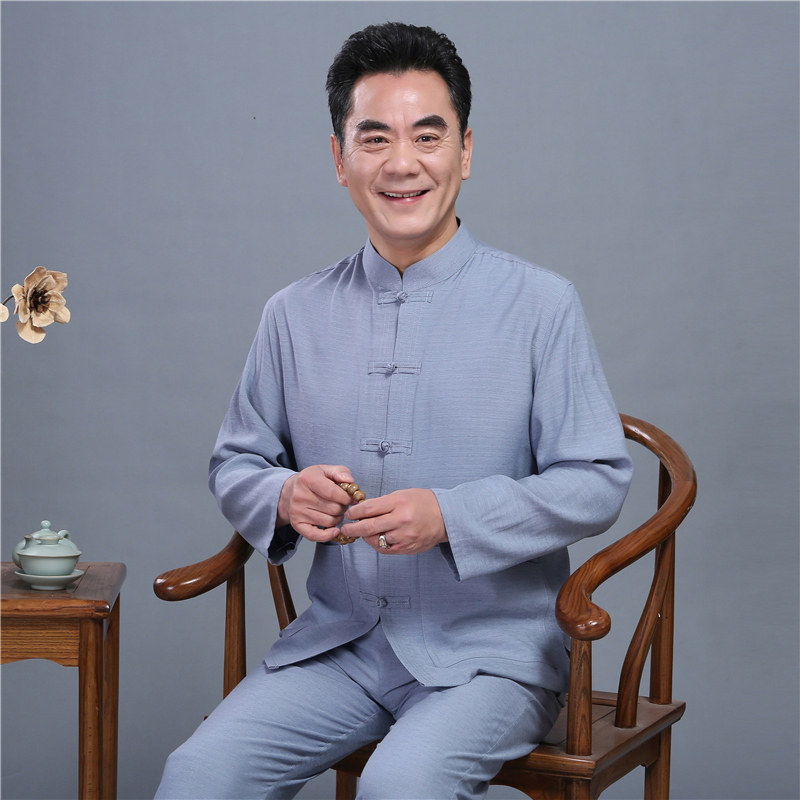 中式唐装棉麻衬衫男装亚麻复古风中国风套装中老年春装加大爸爸装