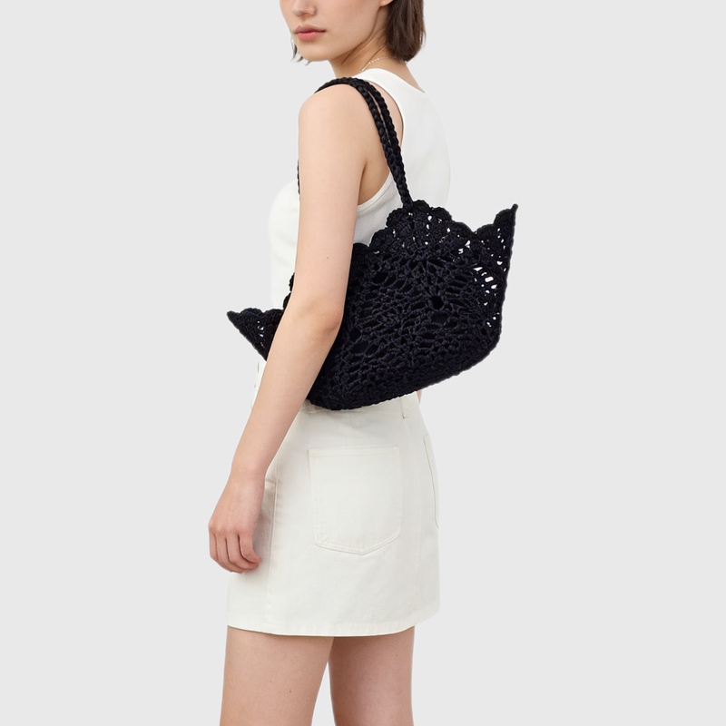 Black Woven Waxed Rope Handmade Crochet Shoulder Bag Women's Handbag Vacation Style Beach Bag Knitted Tote Bag