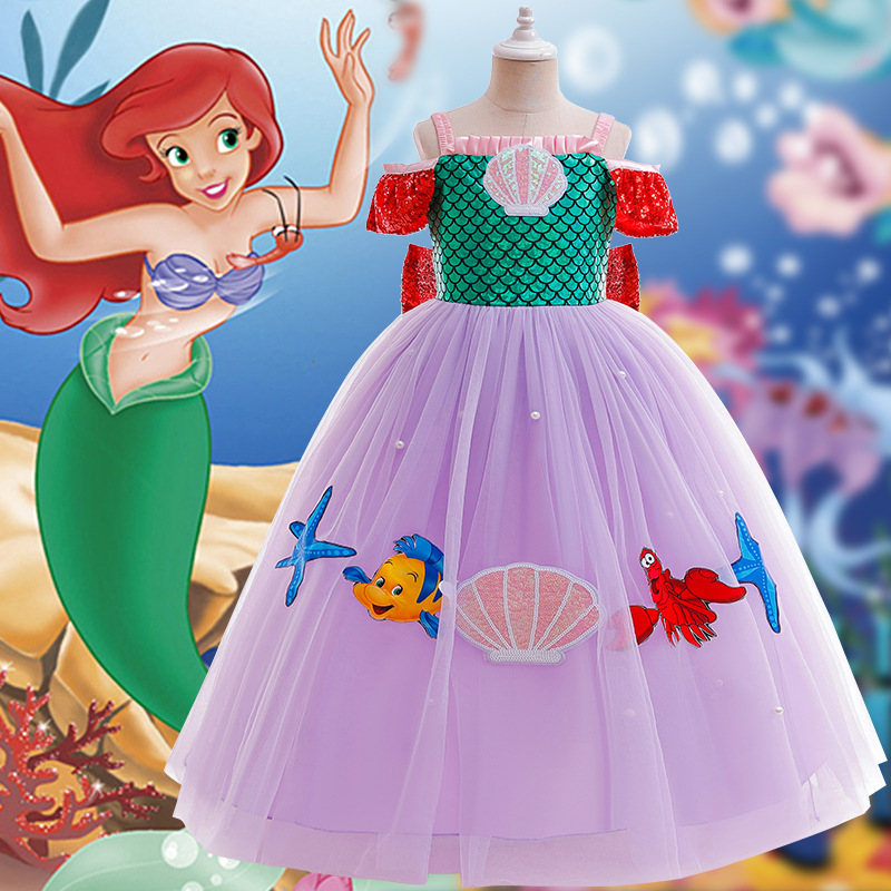 New Disney Mermaid Princess Dress Bow Long Dress Girls Evening Mermaid Dress