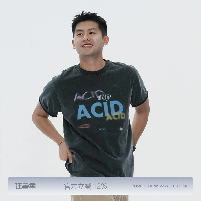 Milkshot Acid Black Fried Salt Process Water-Washed Digital Print Short-Sleeve T-Shirt
