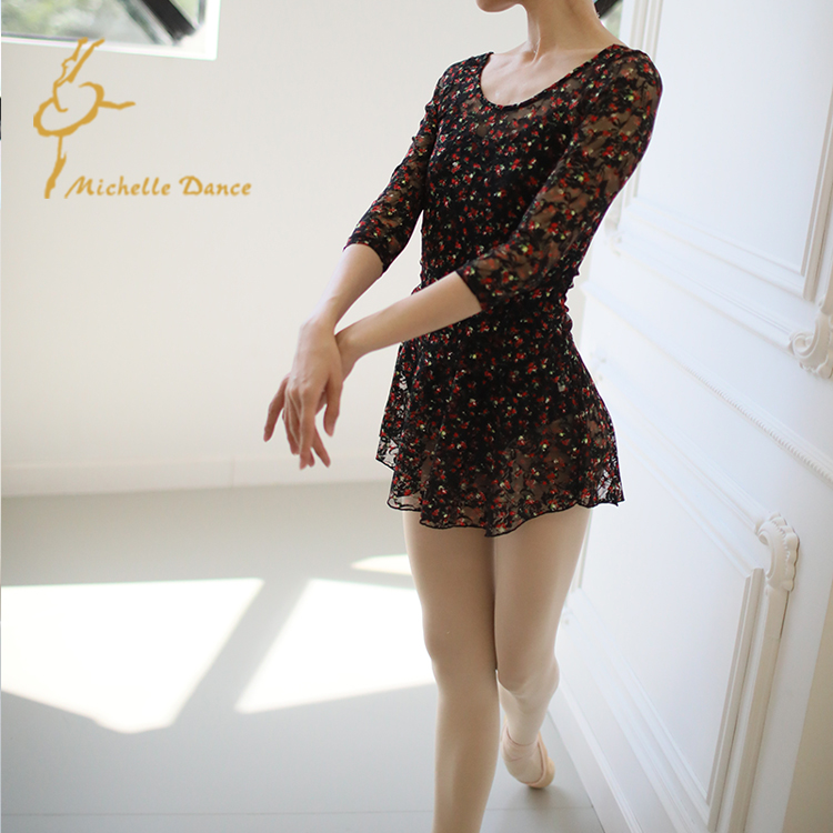 MichelleDance Middle Sleeve Lace Bottom Ballet Adult Blouse Adult Blouse Pink Red Flower Love Affair