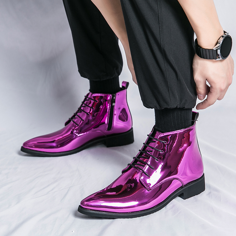 Photo Studio High-Top Chelsea Leather Shoes, Purple Patent Leather Glossy Men's Shoes, Performance Banquet Host Emcee Leather Boots