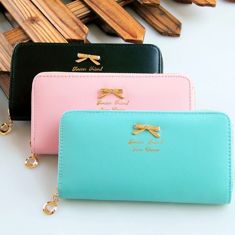 Korean version of long version of candy color minimalist bow tie laced with zero money bag PU leather money clip multi-card wallet student