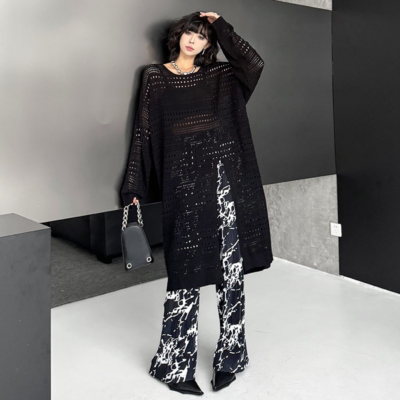 Hong Kong Style Niche Design Solid Color Slit Knit Dress 2026 Spring and Autumn Loose Mid-Length Sun Protection Shirt
