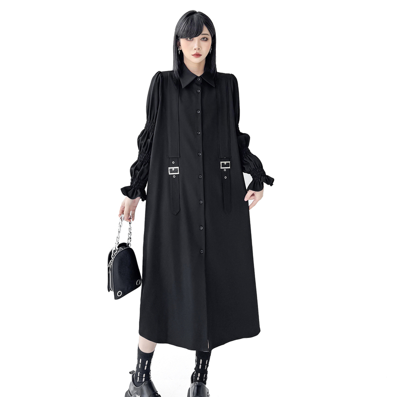 European Niche Design Dark Black Lapel Shirt Dress 2026 Spring New Mid-Length Loose Long Dress