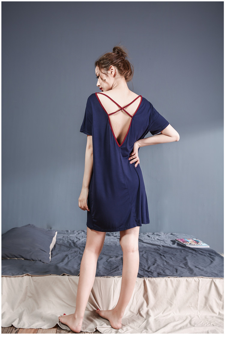 Modal tay ngắn dây váy ngủ nữ gợi cảm mùa hè đan bông sâu V viền váy ngủ cotton váy ngủ lụa cao cấp