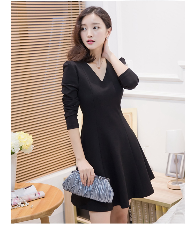 18 mùa thu mới Hepburn V-Cổ slim giảm béo kích thước lớn váy đỏ tính khí dài tay váy váy váy màu rắn shop đầm dành cho người mập