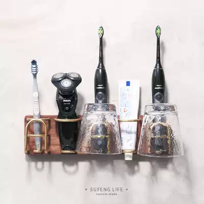 Sufeng solid wood electric toothbrush cup holder wall-mounted dental cup holder mouthwash cup holder non-perforated shelf spot