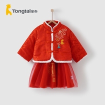 Tong Tai winter 1-4 years old children female baby Foreign Style National Wind Big Red plus cotton New year Tang suit stand collar dress skirt