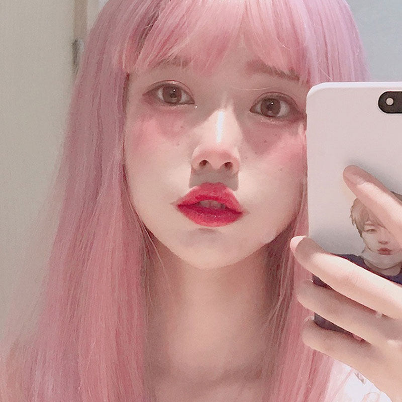 Wig female long hair daily pink long straight trembling lolita light pink Lolita air bangs color wig